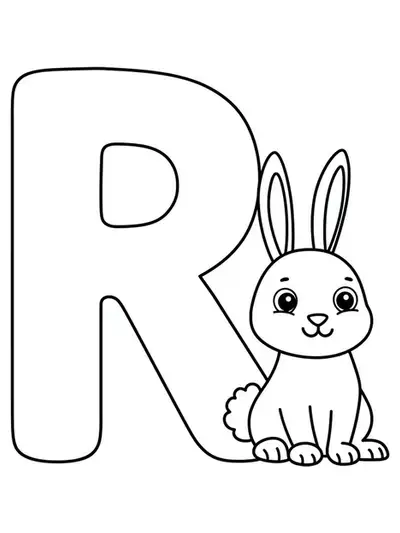 Large letter R with a simple cartoon rabbit sitting next to it