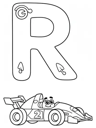 Large letter R with a simple cartoon racecar below it