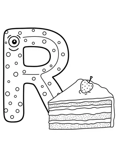 Large letter R with a simple slice of rainbow cake next to it