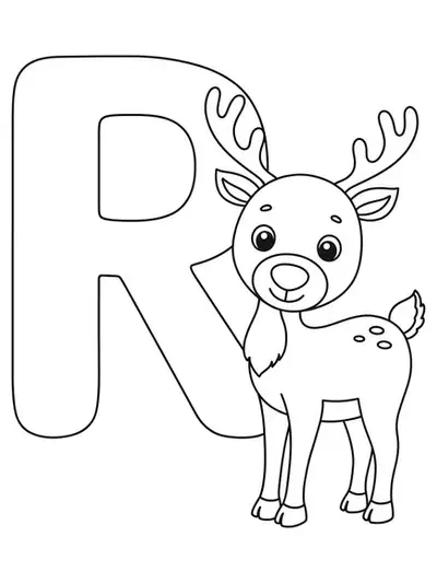 Large letter R with a simple cartoon reindeer standing beside