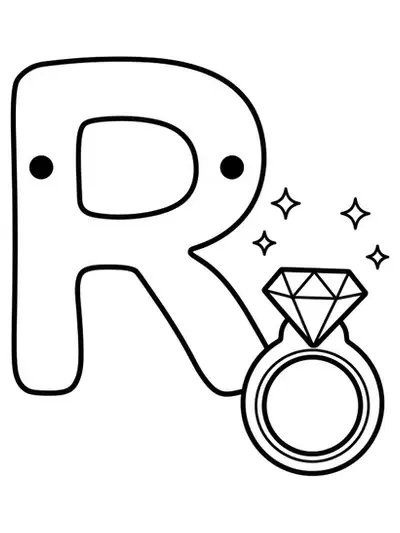 Large letter R with a simple ring featuring a large gem next to it