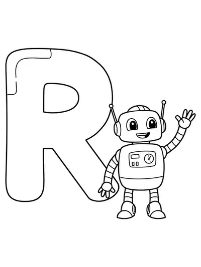 Large letter R with a smiling cartoon robot waving