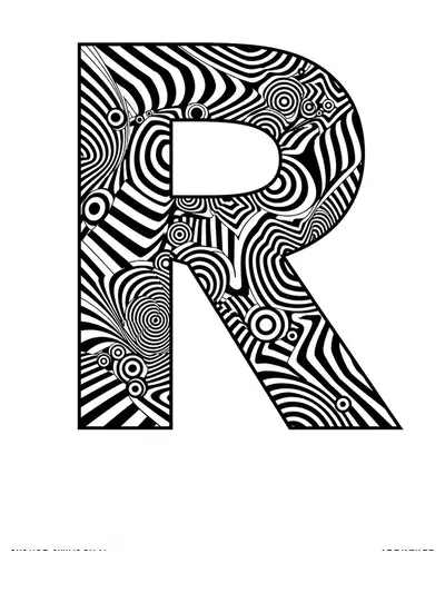 Letter R decorated with medium-complexity abstract optical illusion patterns