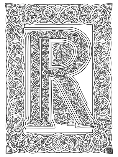 Letter R surrounded by classic Celtic knotwork and looping patterns at medium complexity