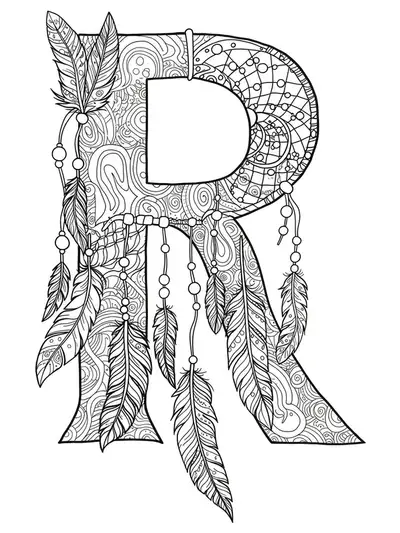 Letter R interwoven with dreamcatchers, feathers, and beadwork in medium intricacy