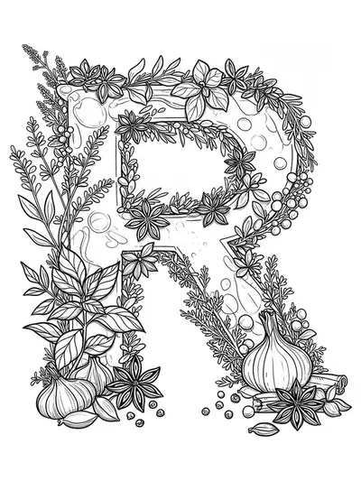 Letter R surrounded by medium-detailed illustrations of herbs, spices, and leafy sprigs