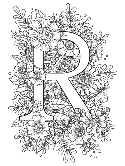 Letter R with a botanical mandala, easy outlines for teen coloring