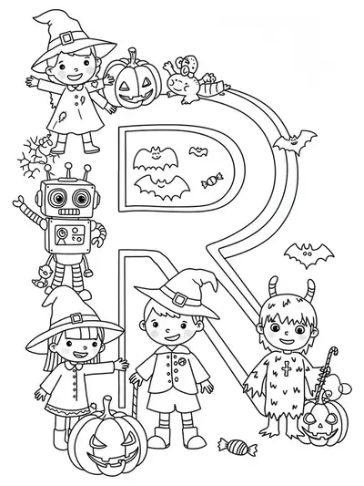 Line art coloring page of the letter R with kids in Halloween costumes, pumpkins, and candy