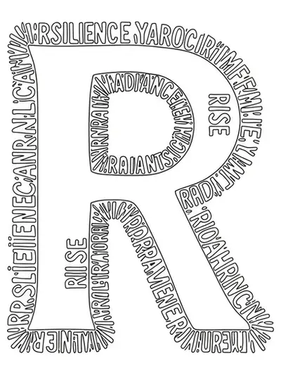 Letter R with inspirational words and simple outlines, easy coloring page for teens