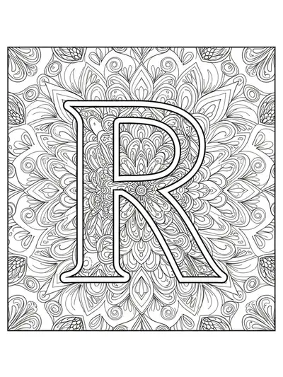 Letter R surrounded by Art Nouveau inspired mandala patterns with medium intricate details