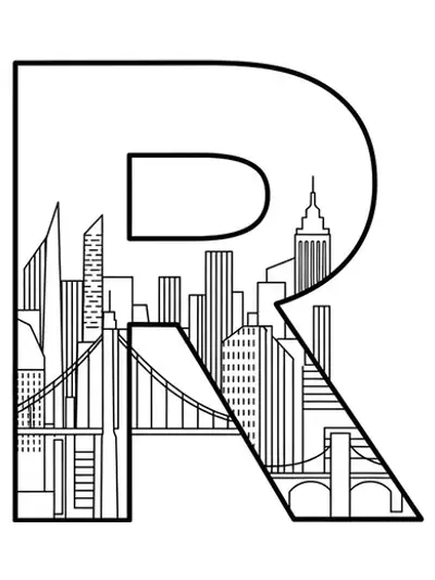 Letter R with minimalist city skyline outline, easy coloring for teens