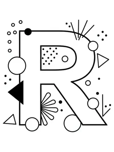 Letter R with modern geometric shapes, easy outlines for teen coloring