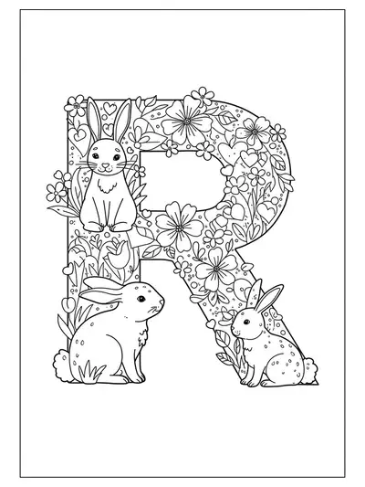 Line art coloring page of the letter R with rabbits, flowers, and spring leaves