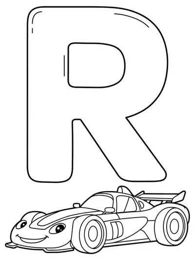 Large letter R with a cartoon racing car zooming beside it, easy outlines for coloring.