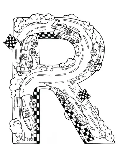 Line art coloring page of the letter R with race cars, checkered flags, and racetrack