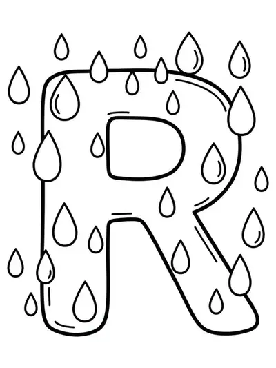 Large letter R with several raindrops falling around it