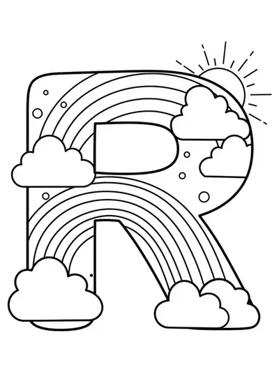 Line art coloring page of the letter R with a rainbow, clouds, and sun