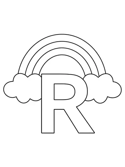 Simple letter R with an arched rainbow above it for coloring
