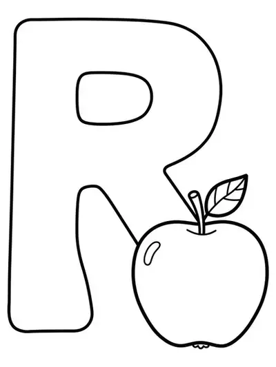 Large letter R with a cartoon apple next to it, big easy outlines for coloring.