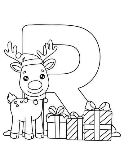 Large letter R with a smiling reindeer and Christmas presents, easy to color outlines for kids.