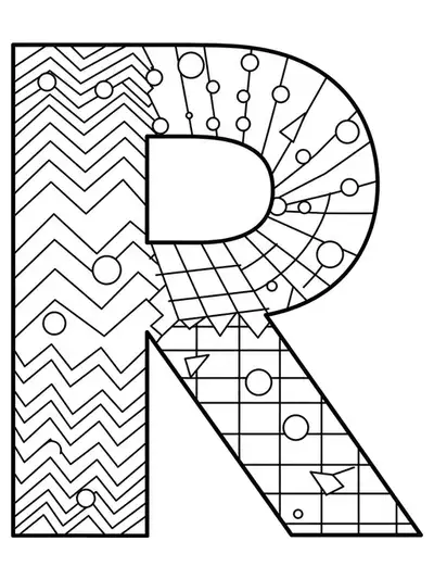Letter R adorned with 1980s-inspired geometric shapes and medium level patterns