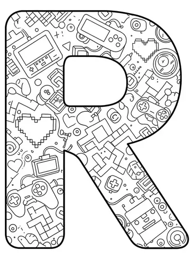 Letter R with retro gaming icons and simple outlines, easy coloring page for teens