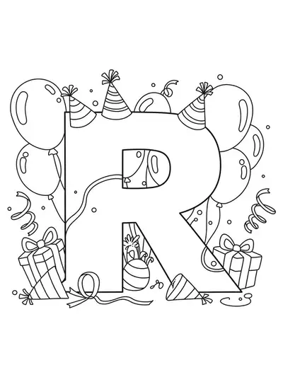 Large letter R with festive ribbons and balloons around it, simple outlines for easy coloring.