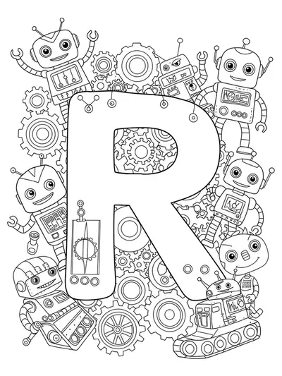Line art coloring page of the letter R with several cartoon robots and gears around it