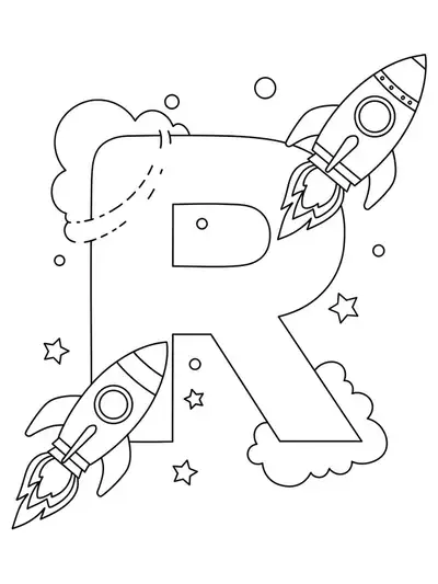 Large letter R with two cartoon rocket ships flying around it, easy outlines for coloring.