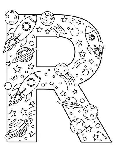 Line art coloring page of the letter R with rockets, stars, and planets in space
