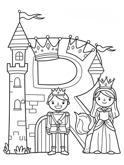 Line art coloring page of the letter R with a castle, crown, prince, and princess