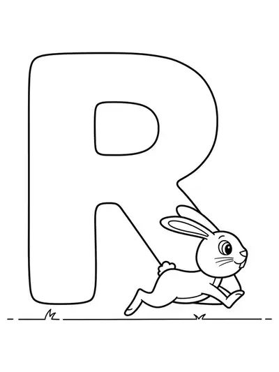 Large letter R with a happy running cartoon rabbit beside it, simple outlines for easy coloring.