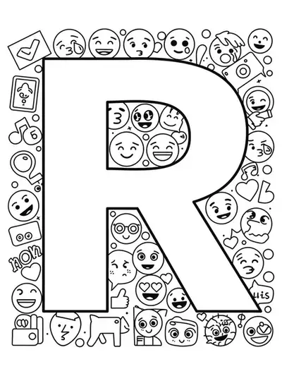 Letter R with simple social media icons and emojis, easy printable for teens