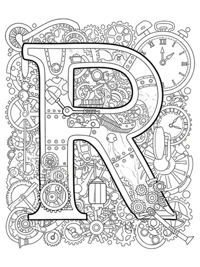 Letter R decorated with steampunk gears, cogs, and clock elements in medium detail