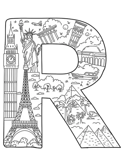 Letter R with travel landmarks such as Eiffel Tower and Statue of Liberty, easy teen coloring page