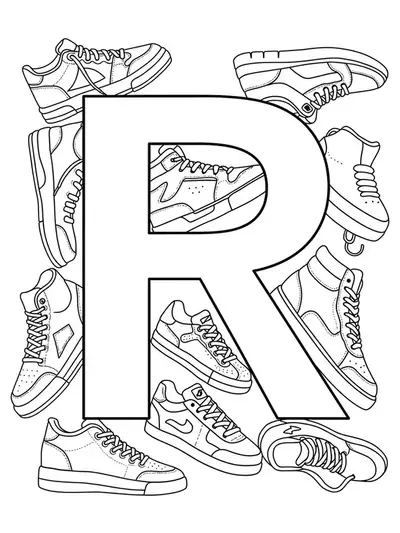 Letter R with trendy sneaker outlines, easy-to-color page for teens