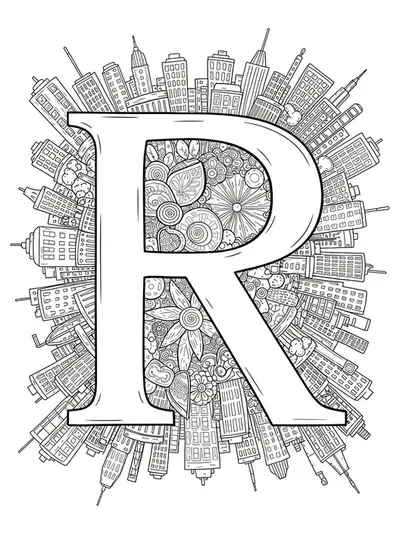 Letter R integrated with city skylines and urban architectural elements in medium detail
