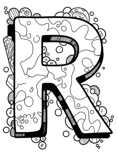 Easy graffiti-style letter R coloring page for teens with bold outlines