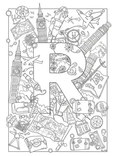 Letter R embellished with medium-detailed travel icons like monuments, maps, and suitcases