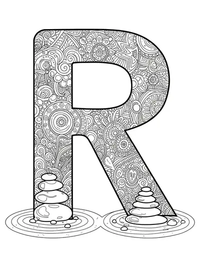 Letter R surrounded by Zen garden stones, raked sand, and calming patterns at medium detail