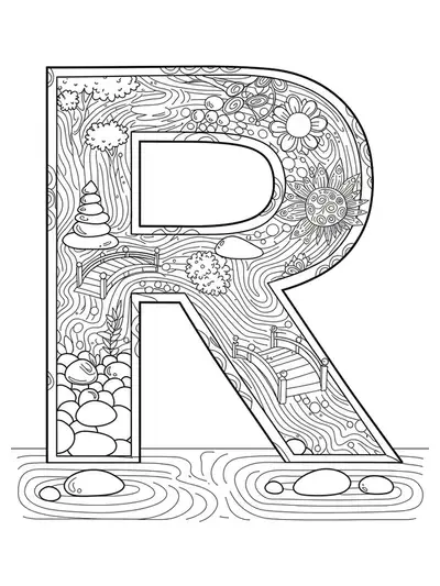 Letter R filled with complex Zen garden sand raked patterns, pebbles, and miniature elements for adult coloring.