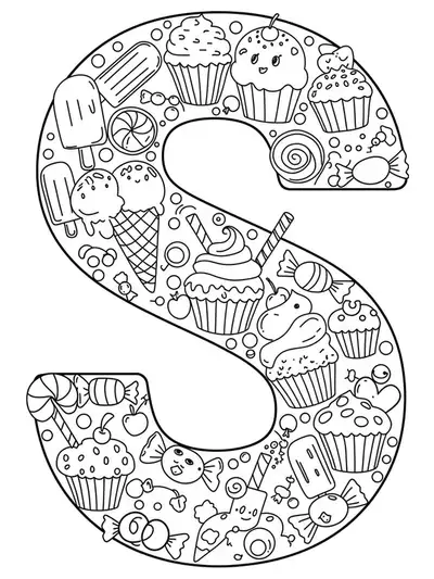 Large letter S surrounded by ice cream, cupcakes, and candy, all outlined for coloring.