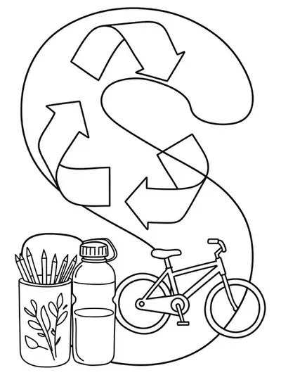 Eco-friendly Letter S coloring page with recycling, reusable bottles, and bike outlines, easy for teens.
