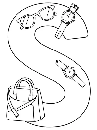 Fashion accessories Letter S coloring page with sunglasses, watch, and bag outlines, easy for teens.