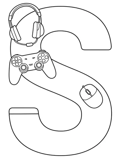 Gaming gear Letter S coloring page with controllers, headphones, and mouse outlines, easy for teens.