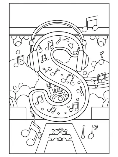 Letter S coloring page with music festival elements like headphones, notes, and stage, easy for teens.