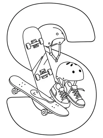Skateboarding Letter S coloring page with skateboard, helmet, and sneakers outlines, easy for teens.
