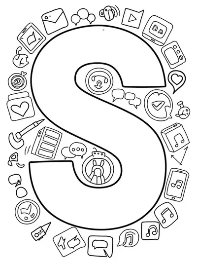 Letter S coloring page with easy outlines of social media icons for teens.