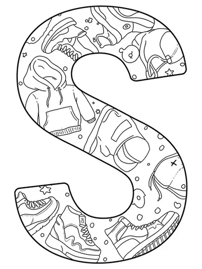 Streetwear fashion Letter S coloring page with sneakers, hoodies, and caps outlines, easy for teens.