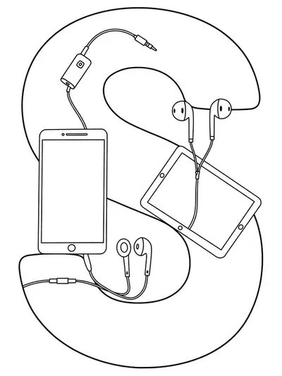 Tech themed Letter S coloring page with outlines of tablets, phones, and earbuds, easy for teens.